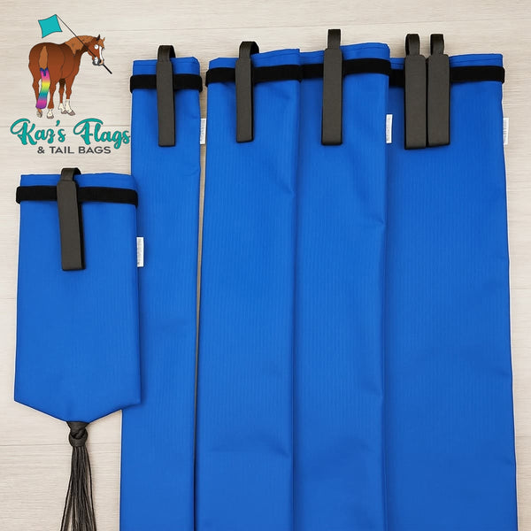 Blue Range of tail bags with black velcro on a light background, featuring Kaz's Flags logo.
