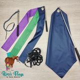 Horse flags and other horse training tools on a wooden surface, featuring Kaz's Flags branding.
