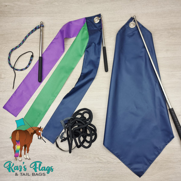 Horse flags and other horse training tools on a wooden surface, featuring Kaz's Flags branding.