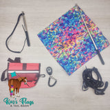 Colorful horse flag and other horse training tools on a wooden surface with Kaz's Flags branding.