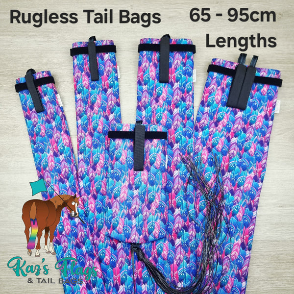 Rugless Tail Bags with colorful pattern on a wooden surface, featuring the brand 'Kaz's Tail Bags'.