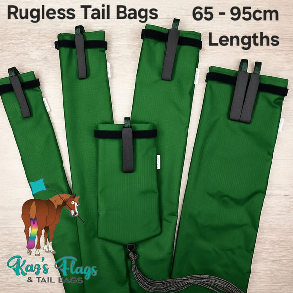 Green rugless tail bags with black velcro on a light wooden background, featuring Kaz's Flags branding.