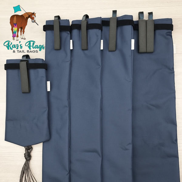 Set of Navy blue horse tail bags with velcro on a light background, featuring Kaz's Flags logo.