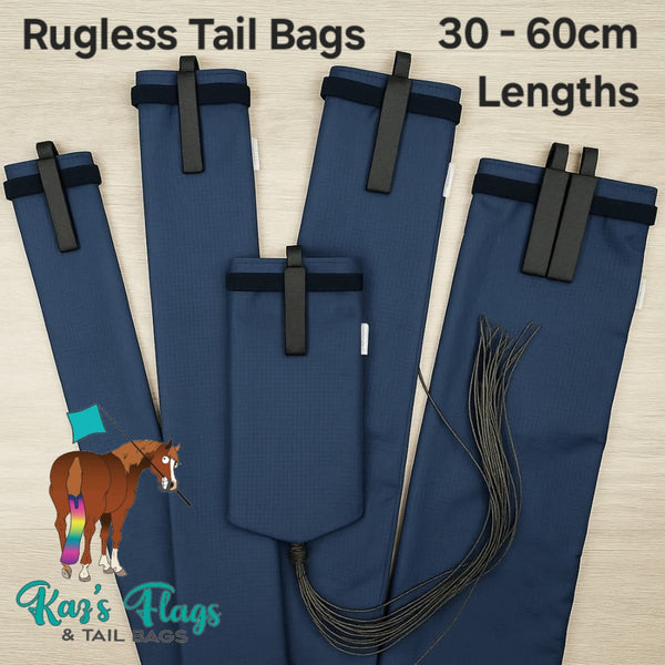 Navy rugless tail bags with black straps on a light background, featuring Kaz's Flags & Tail Bags branding.