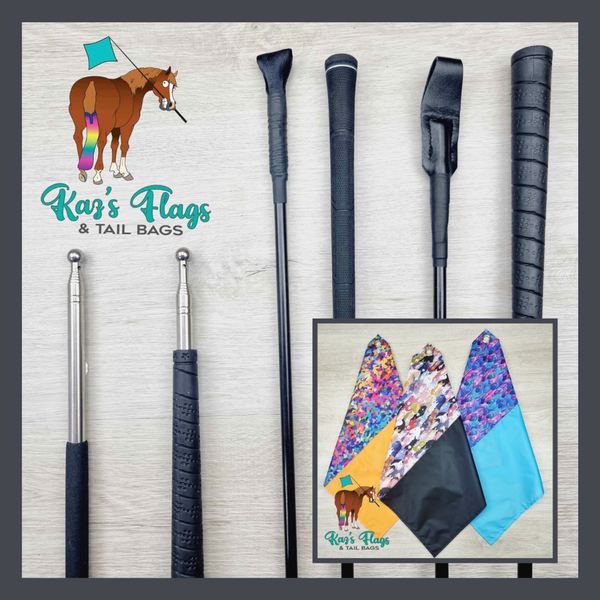 Horse riding equipment with Kaz's Flags & Tail Bags branding on a light wooden background.