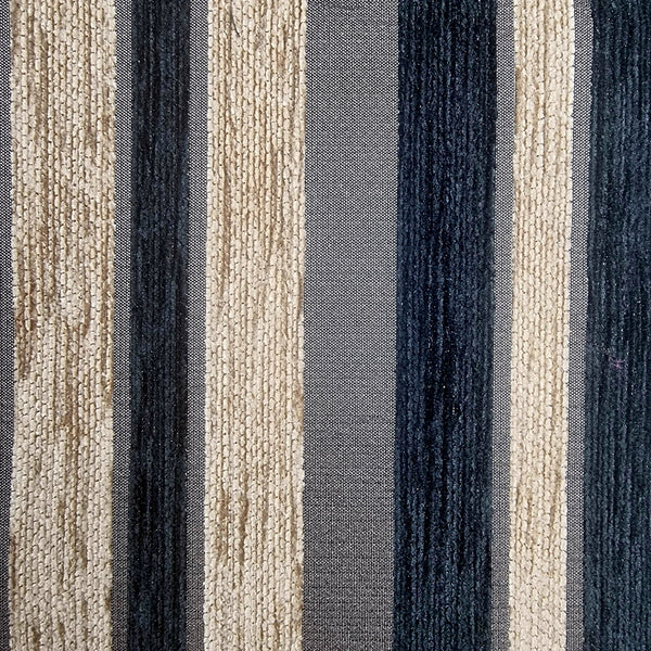 Close-up of a fabric with blue and beige striped pattern
