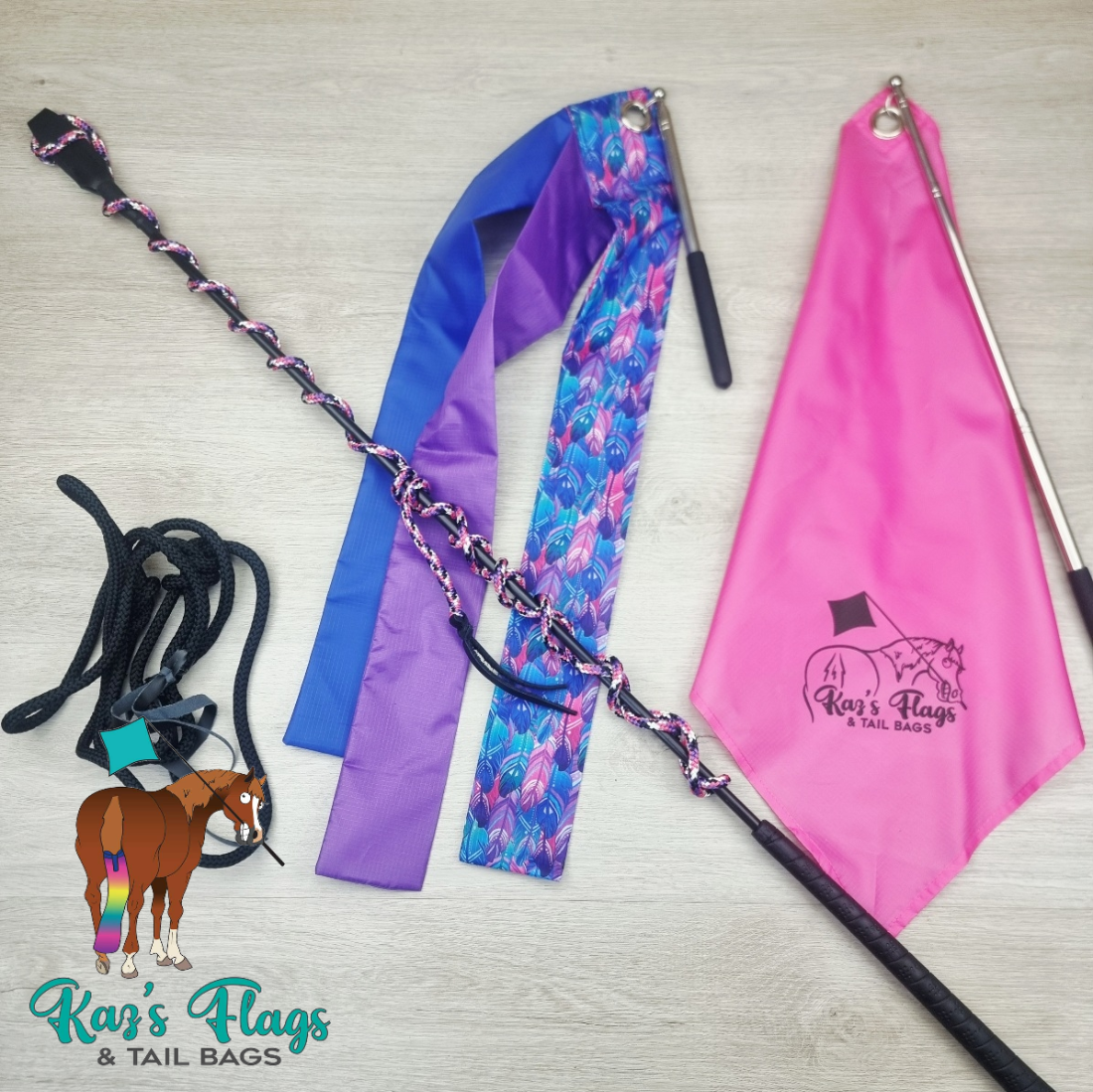 Discounted training tools on a light board background including training flags and telescopic poles and a training stick and string and a neck rope.