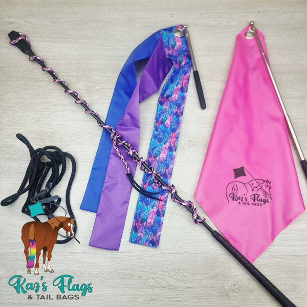 Discounted training tools on a light board background including training flags and telescopic poles and a training stick and string and a neck rope.