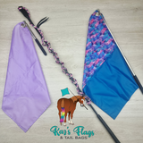 Horse flags and training rope and training stick on a wooden surface with Kaz's Flags & Tail Bags branding.
