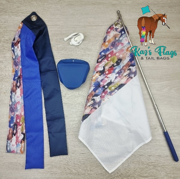 Colourful Flags and treat pouch and clicker for horse and dog training on a light board