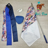 Colourful Flags and treat pouch and clicker for horse and dog training on a light board