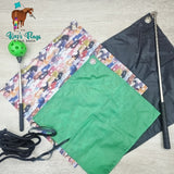 Horse flags and Target Touch Training Tool with a green flag and colorful bag on a light gray background.