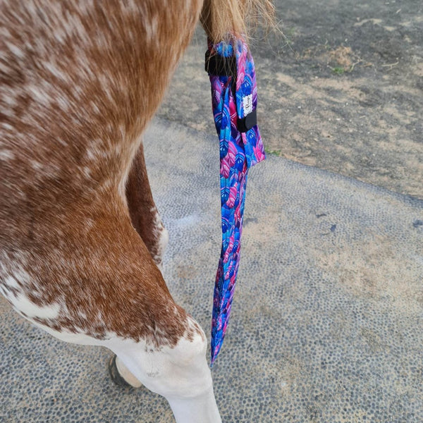 side view of horse wearing tail bag
