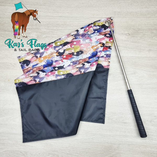 Colorful horse flag with black backing and handle on a light gray background, featuring 'Kaz's Flags & Tail Bags' branding.