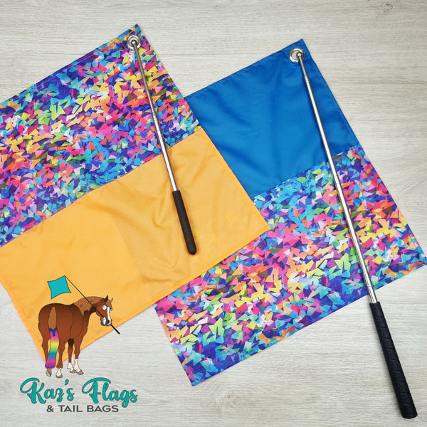 Colorful flags with a horse design and Kaz's Flags & Tail Bags branding on a wooden surface.