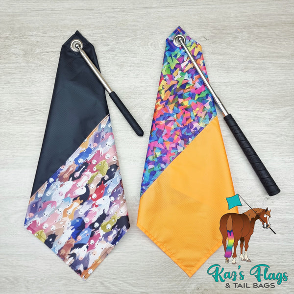 Two colorful flags with patterned designs on a wooden surface, featuring Kaz's Flags & Tail Bags branding.