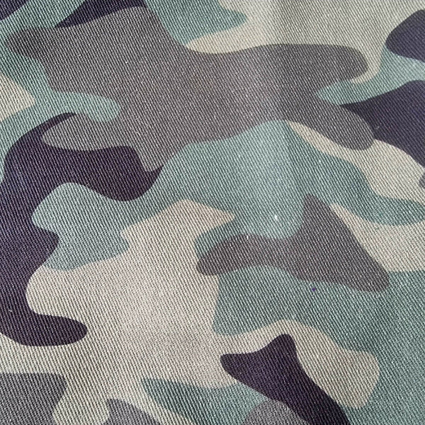 Close-up of a camouflage fabric texture with irregular patches of muted green, gray, beige, and black.