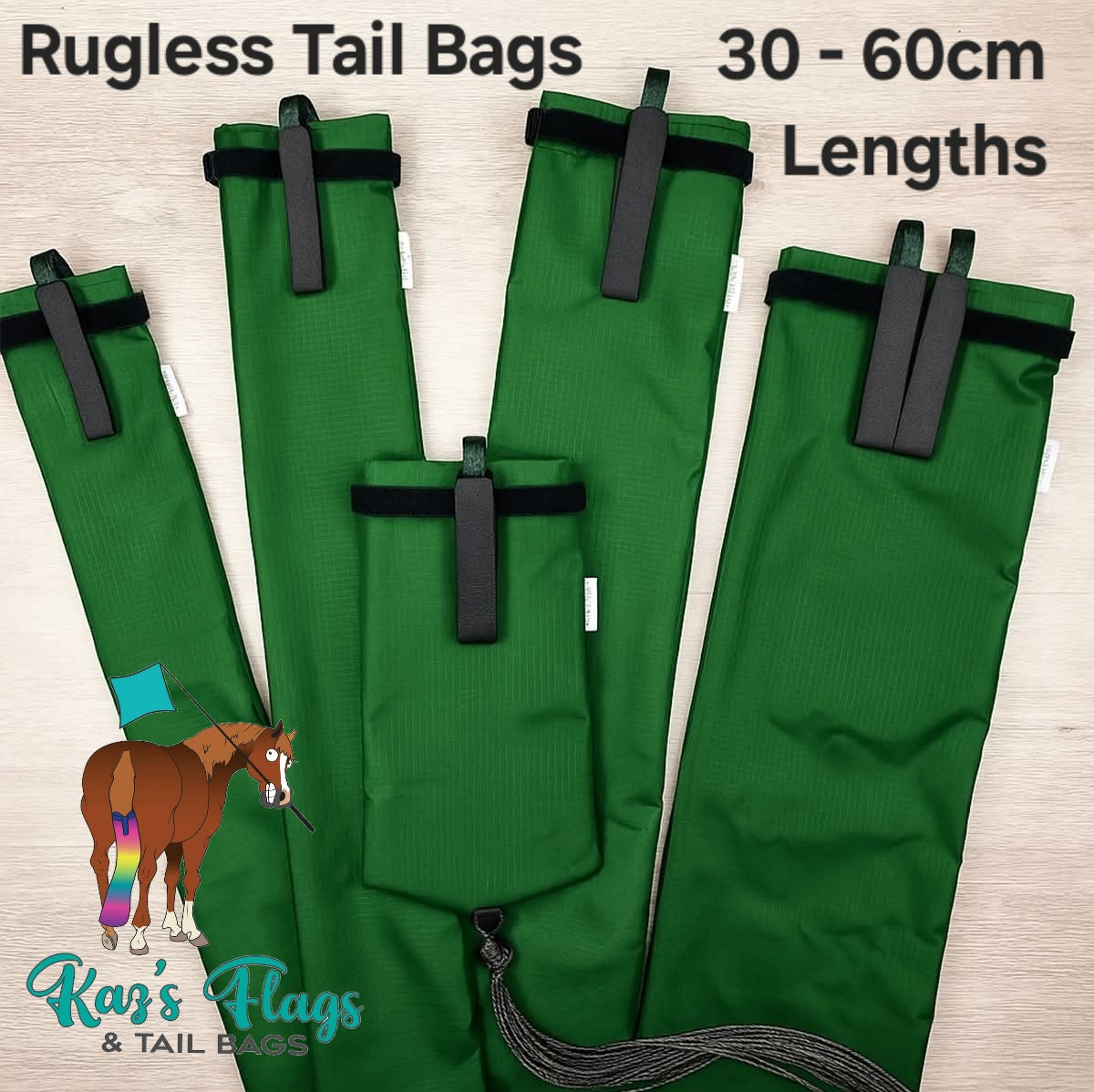 Green rugless tail bags with black velcro on a light wooden background, featuring Kaz's Flags branding.
