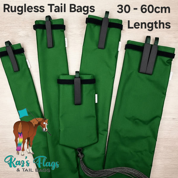 Green rugless tail bags with black velcro on a light wooden background, featuring Kaz's Flags branding.