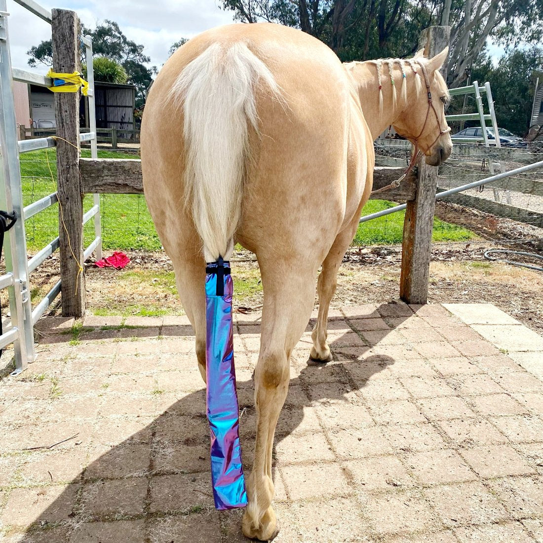 Holographic Hybrid Tail Bag shown on a Palomino horse