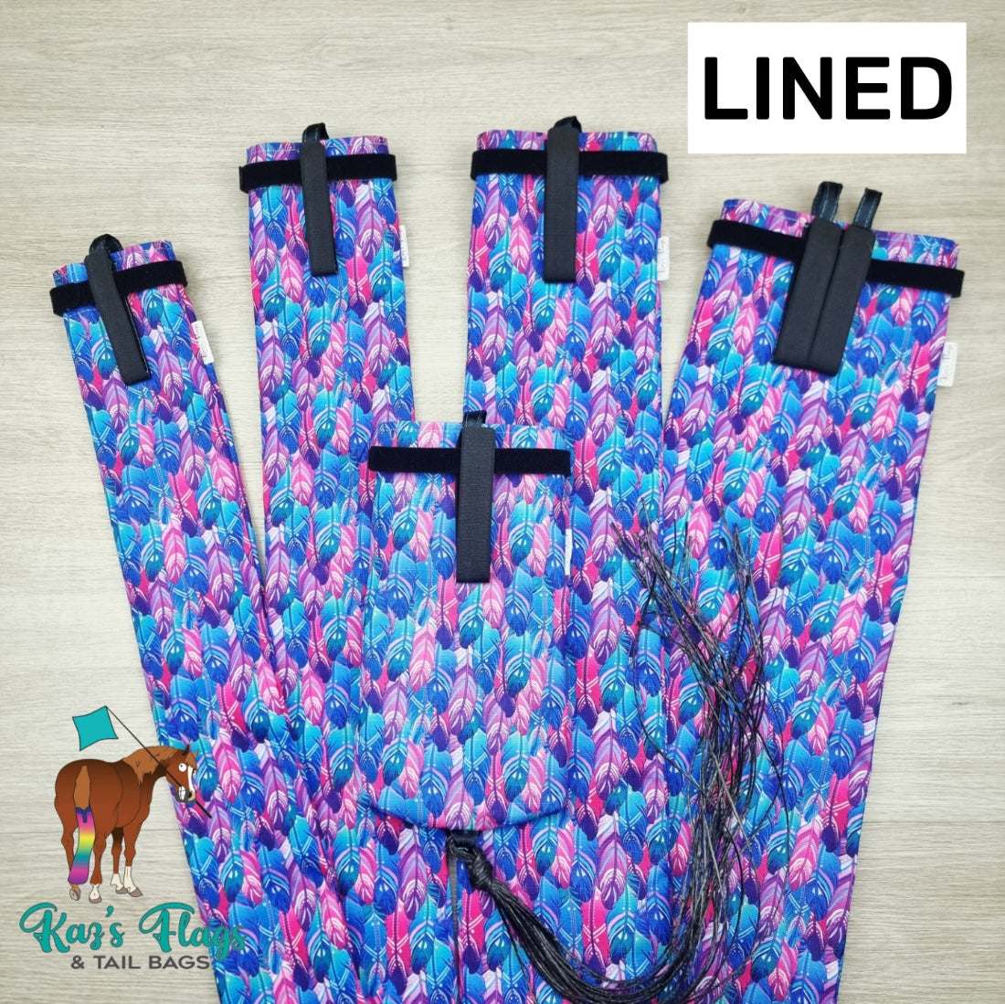 Horse Tail Bag Range Lined in Funky Feather Pattern handmade by Kaz's FLags and Tail Bags
