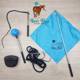 A flat-lay product display of a horse flag set on a light gray wood floor. The set includes a blue square flag with a printed black horse logo and the text 'Kaz's Flags & Tail Bags', a blue target touch black poles with silver metal sections, black neck rope.