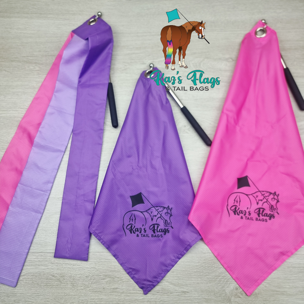A flat-lay product display of  3 x horse flags set on a light gray wood floor. The set includes a pink and purple square flags with a printed black horse logo and the text 'Kaz's Flags & Tail Bags'.