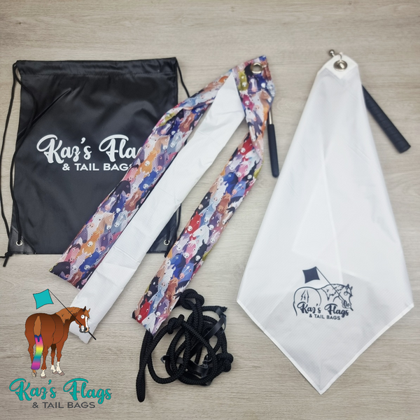 Flat lay display with White Flag with Kaz Flag logo on and a Strippy Flag and a drawstring black bag.