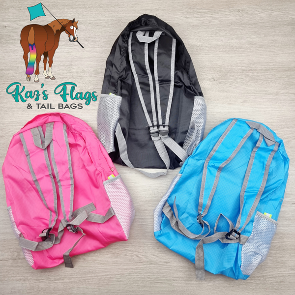 Backpacks for horse gear showing the back of the bags