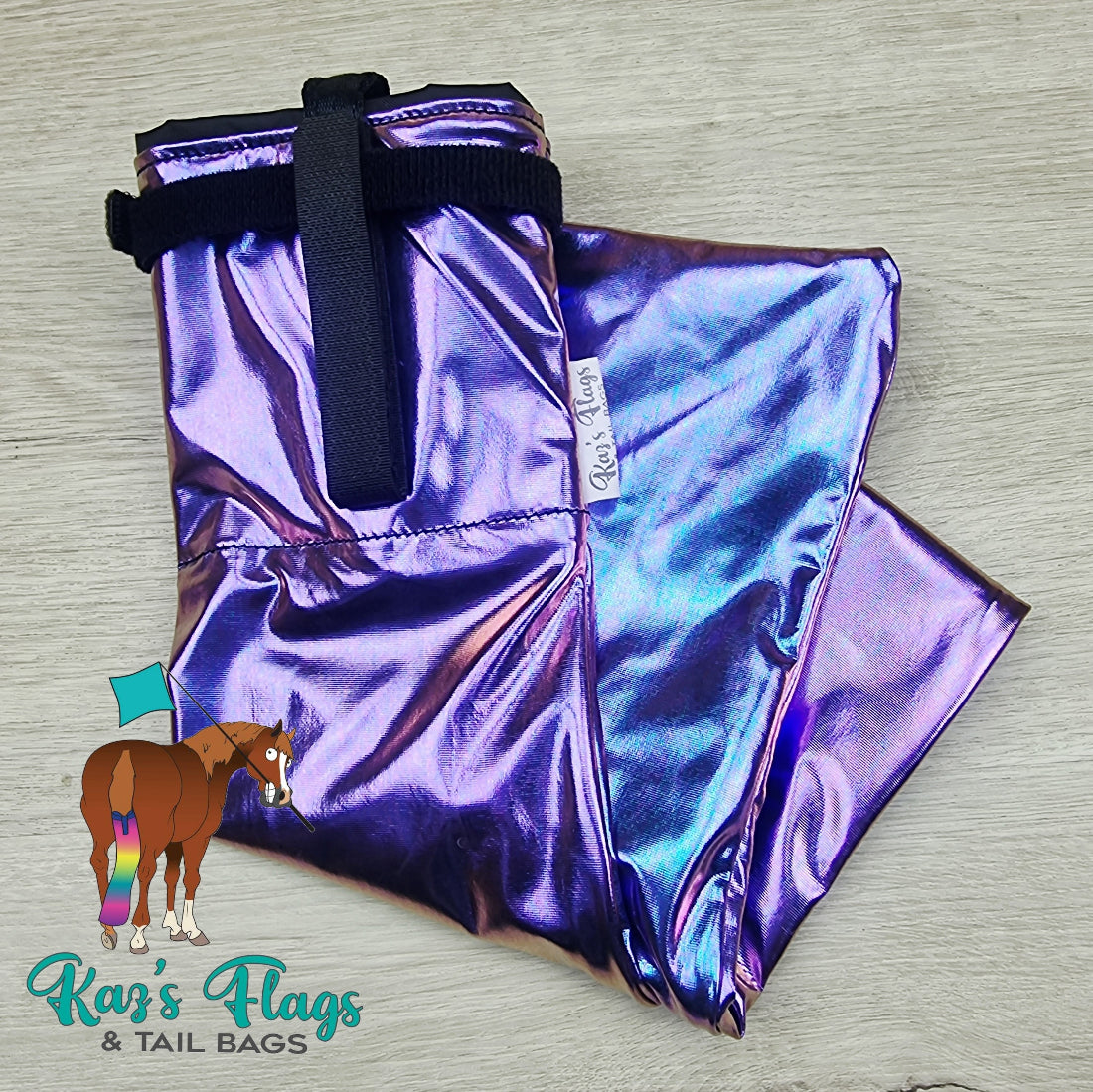 Lycra Tail Bag in Holographic Colours for Horses handmade by Kaz's Flags and Tail Bags