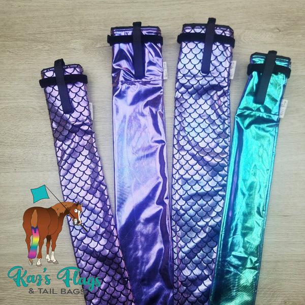 Lycra Tail Bags in Holographic Colours for Horses handmade by Kaz's Flags and Tail Bags