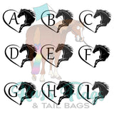 A digital preview sheet showing the letters A through Z, each paired with a silhouette of a leaping horse inside a heart outline. The letters are arranged in a grid over a faded illustration of a horse, with a turquoise script logo reading 'Kaz's Flags & TAIL BAGS' at the bottom.