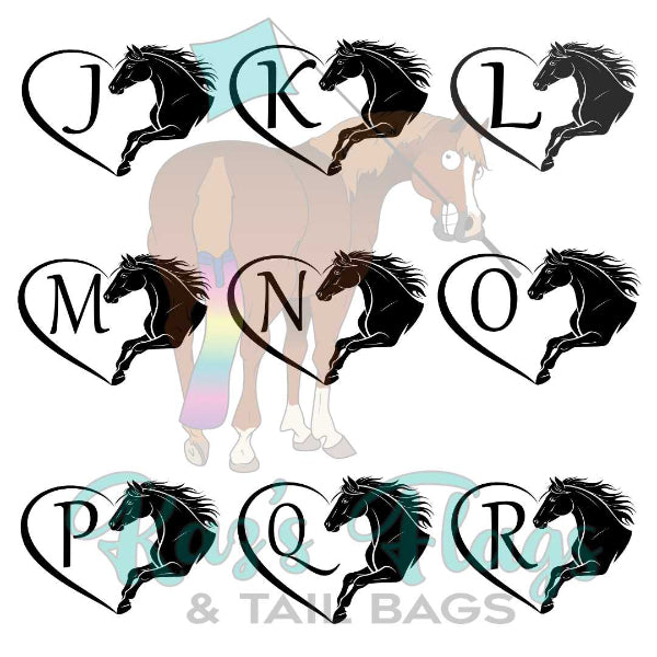 A digital preview sheet showing the letters A through Z, each paired with a silhouette of a leaping horse inside a heart outline. The letters are arranged in a grid over a faded illustration of a horse, with a turquoise script logo reading 'Kaz's Flags & TAIL BAGS' at the bottom.