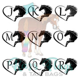 A digital preview sheet showing the letters A through Z, each paired with a silhouette of a leaping horse inside a heart outline. The letters are arranged in a grid over a faded illustration of a horse, with a turquoise script logo reading 'Kaz's Flags & TAIL BAGS' at the bottom.