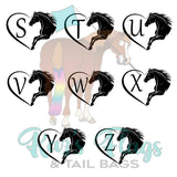 A digital preview sheet showing the letters A through Z, each paired with a silhouette of a leaping horse inside a heart outline. The letters are arranged in a grid over a faded illustration of a horse, with a turquoise script logo reading 'Kaz's Flags & TAIL BAGS' at the bottom.