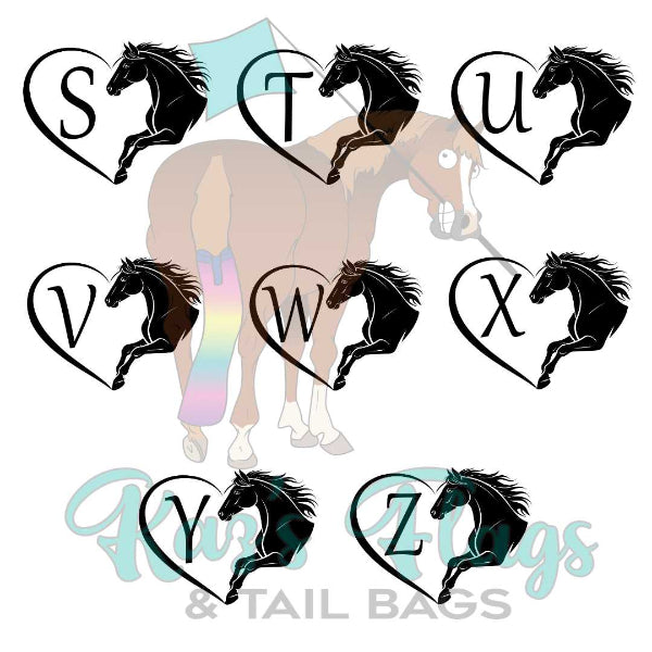 A digital preview sheet showing the letters A through Z, each paired with a silhouette of a leaping horse inside a heart outline. The letters are arranged in a grid over a faded illustration of a horse, with a turquoise script logo reading 'Kaz's Flags & TAIL BAGS' at the bottom.