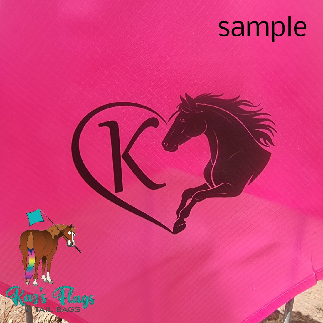 Close up of a Sample Monogram initial 'K" shown on a hot pink 18-inch flag