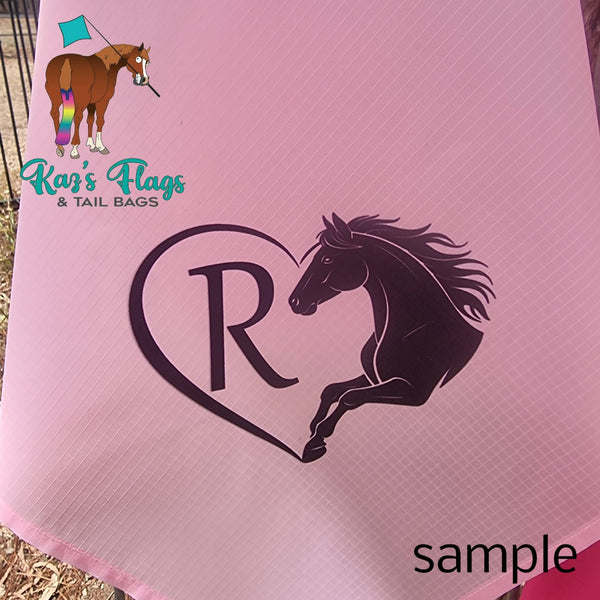Close up of a Sample Monogram initial 'R" shown on a pale pink 15-inch flag