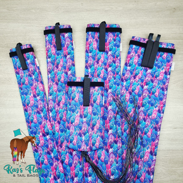 Kaz's Flags and Tail Bags Equine Tail Bags in pattern material Funky feathers
