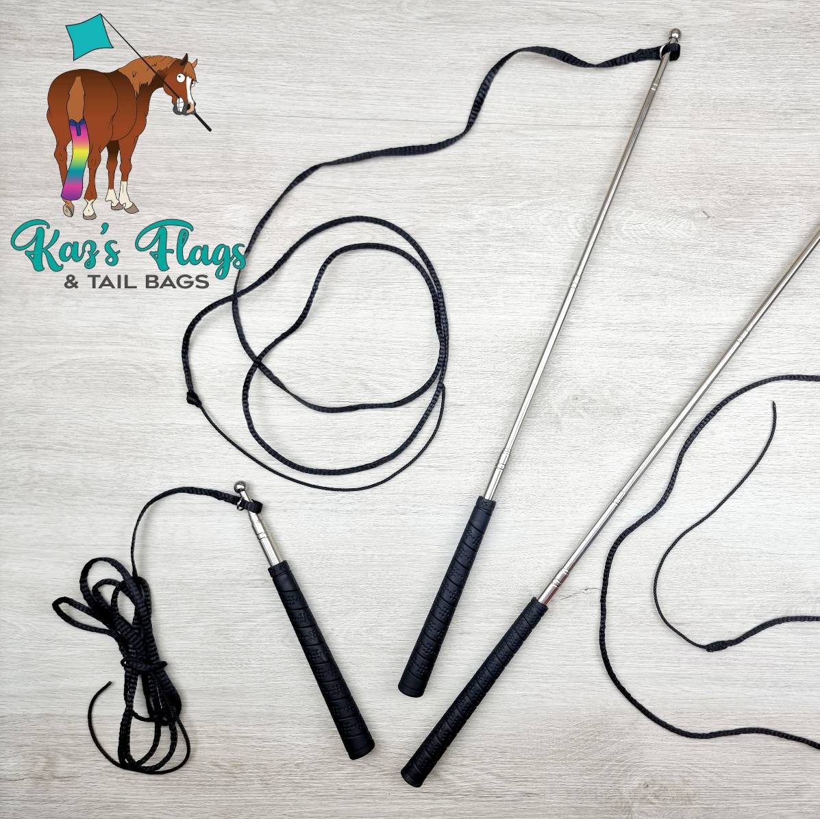 Pocket Lunge Whips showing the different lengths the pole can be extended t.