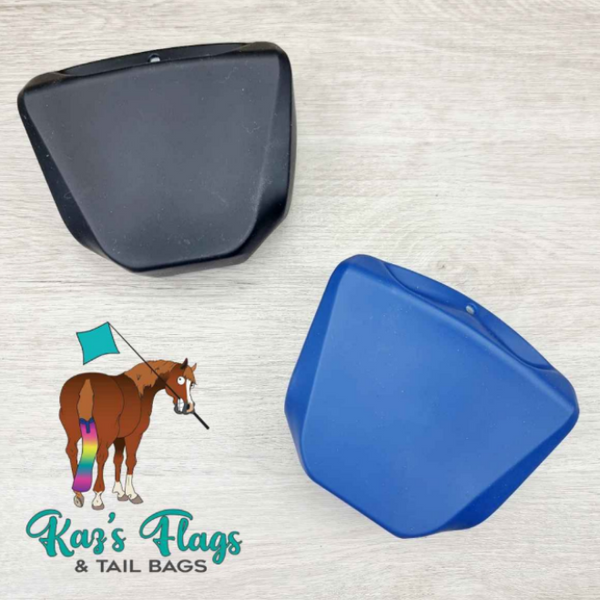 Black and blue treat pouches for horse training