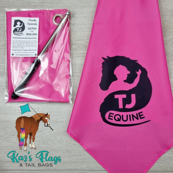 TJ Equine Logo horsemanship flags in pink handmade by Kaz's Flags and Tail bags