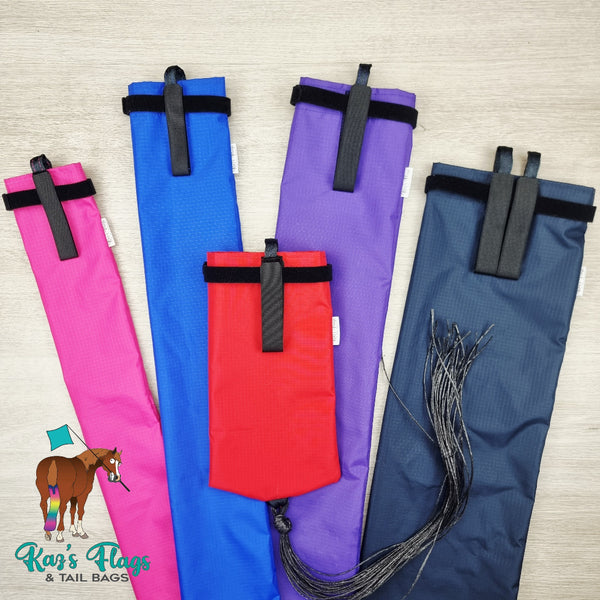 Tail Bag Range in colours of pink, red, blue, purple and navy.