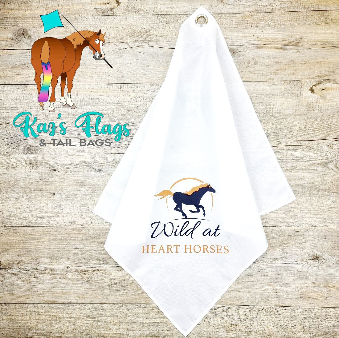 Wild at Heart Horses  white logo flag by Kaz's Flags and Tail Bags
