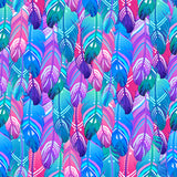 Colorful feather pattern with blue, pink, and purple hues.