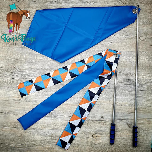 A standard pro teal flag and strippy flag and telescopic pole combos