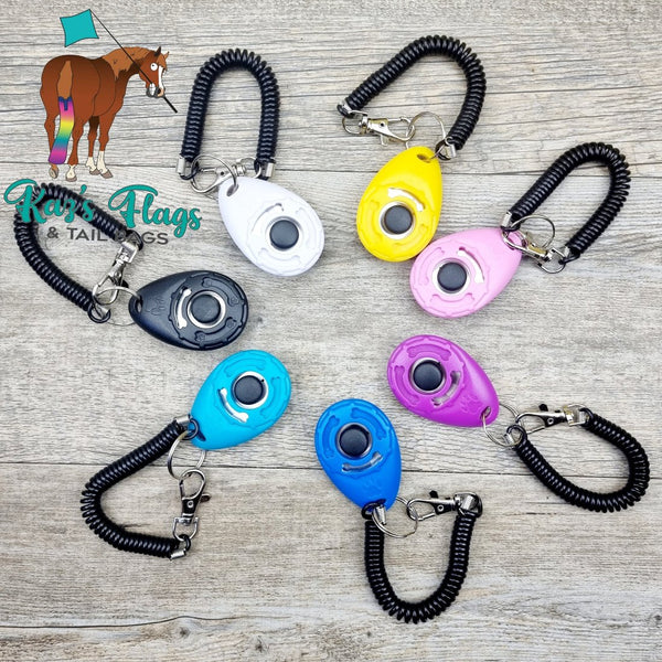 Horse and dog clickers in varying bright colours